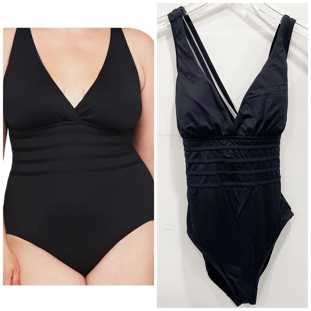 La Blanca Island Goddess One Piece Swimsuit Black Pleates Plunging Neck Strappy